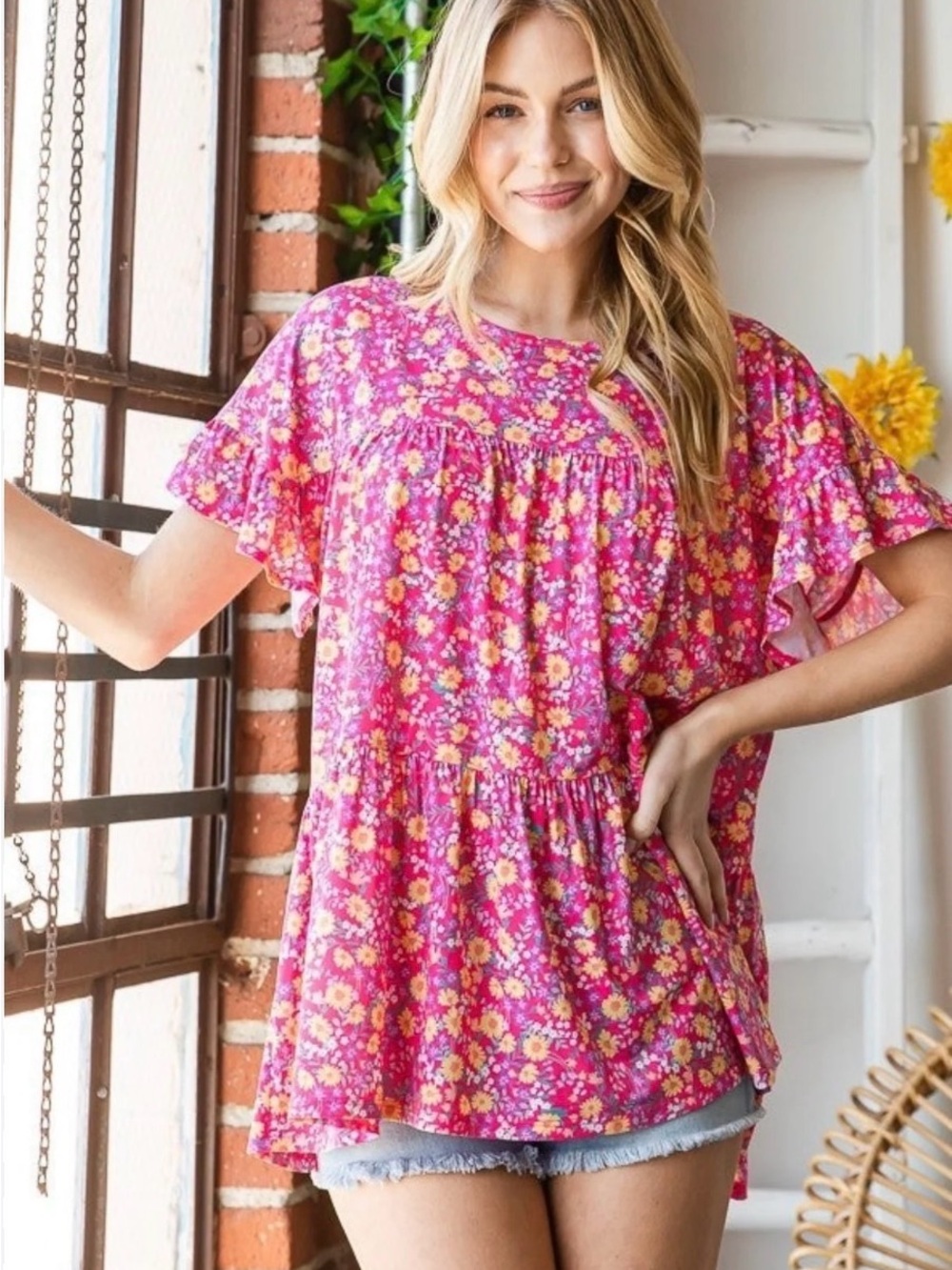 Heimish Floral Babydoll Tunic Top Pink Yellow Ruffle Sleeve Medium Boutique